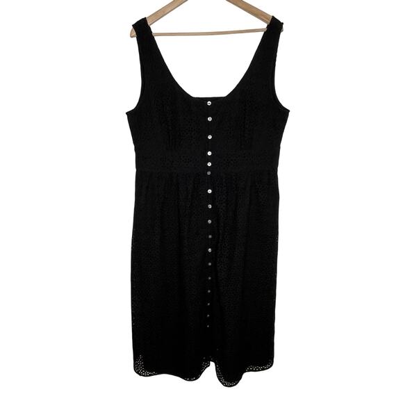 J. Crew Button Front Eyelet Midi Dress Womens 16 Black Cotton Summer Smocked - Picture 3 of 8